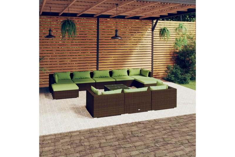Loungegrupp för trädgården med dynor 11 delar konstrotting b - Brun/Grön - Altanmöbler - Soffgrupp utomhus - Loungegrupp & Loungeset