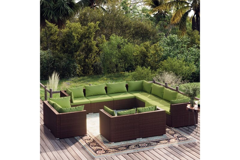 Loungegrupp för trädgården med dynor 11delar brun konstrotti - Brun/Grön - Altanmöbler - Soffgrupp utomhus - Loungegrupp & Loungeset