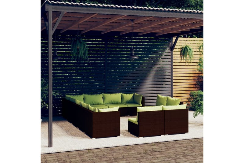 Loungegrupp för trädgården med dynor 12 delar brun konstrott - Brun/Grön - Altanmöbler - Soffgrupp utomhus - Loungegrupp & Loungeset