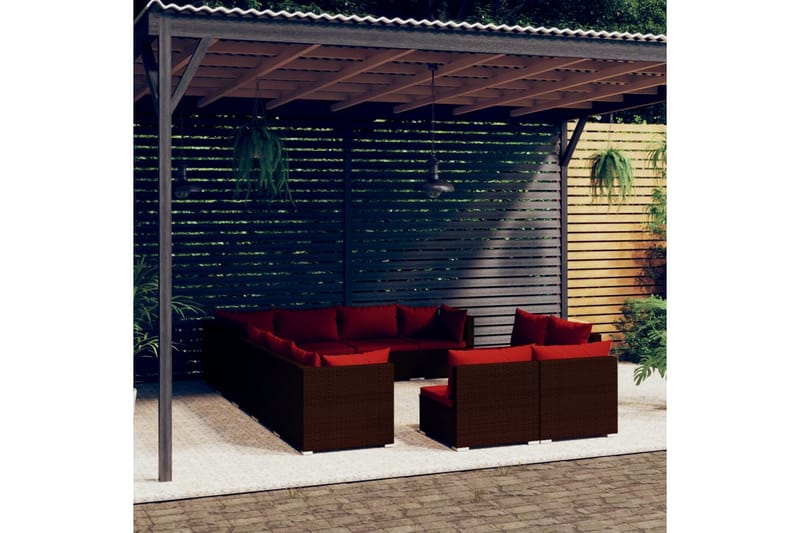Loungegrupp för trädgården med dynor 12 delar brun konstrott - Brun/Röd - Altanmöbler - Soffgrupp utomhus - Loungegrupp & Loungeset