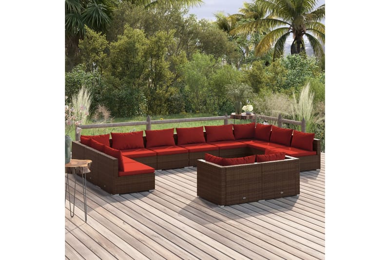 Loungegrupp för trädgården med dynor 12delar brun konstrotti - Brun/Röd - Altanmöbler - Soffgrupp utomhus - Loungegrupp & Loungeset