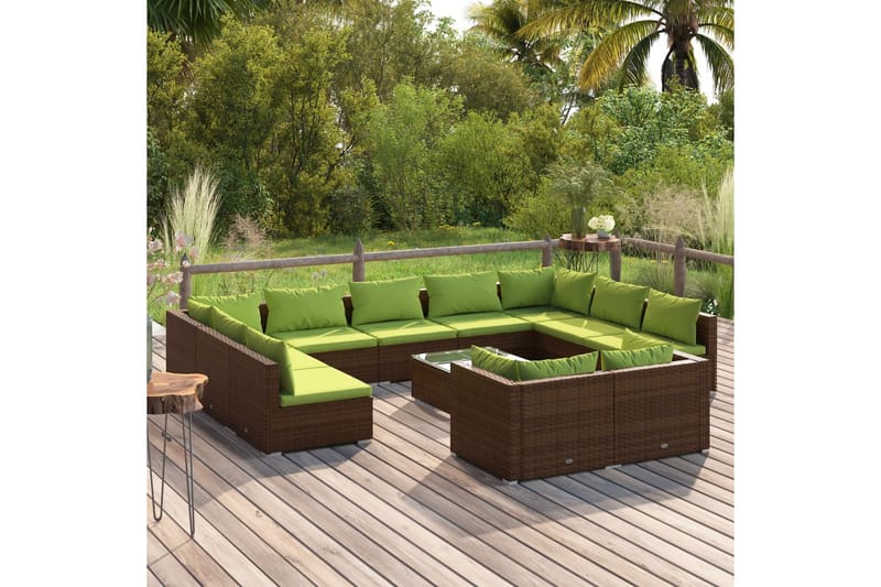 Loungegrupp för trädgården med dynor 12delar konstrotting br - Brun/Grön - Altanmöbler - Soffgrupp utomhus - Loungegrupp & Loungeset