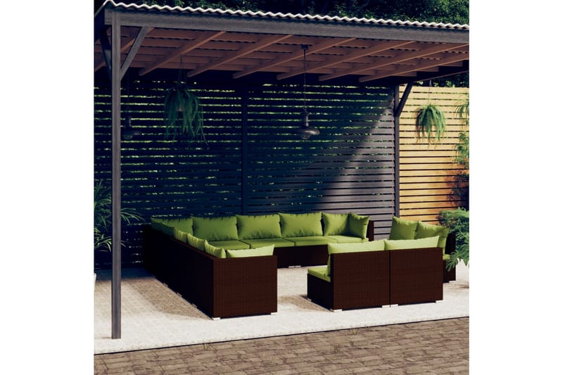 Loungegrupp för trädgården med dynor 13delar brun konstrotti - Brun/Grön - Altanmöbler - Soffgrupp utomhus - Loungegrupp & Loungeset