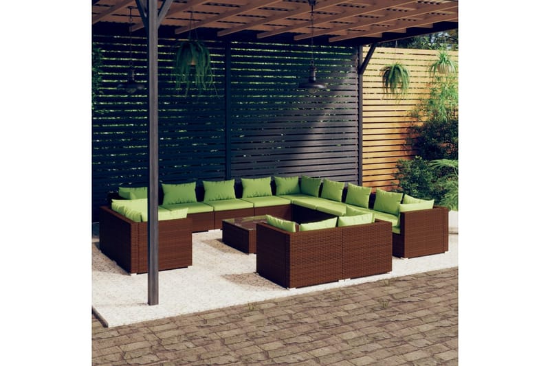 Loungegrupp för trädgården med dynor 14delar brun konstrotti - Brun/Grön - Altanmöbler - Soffgrupp utomhus - Loungegrupp & Loungeset