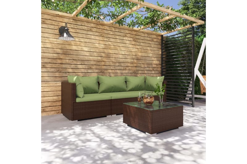 Loungegrupp för trädgården med dynor 4 delar konstrotting br - Brun/Grön - Altanmöbler - Soffgrupp utomhus - Loungegrupp & Loungeset
