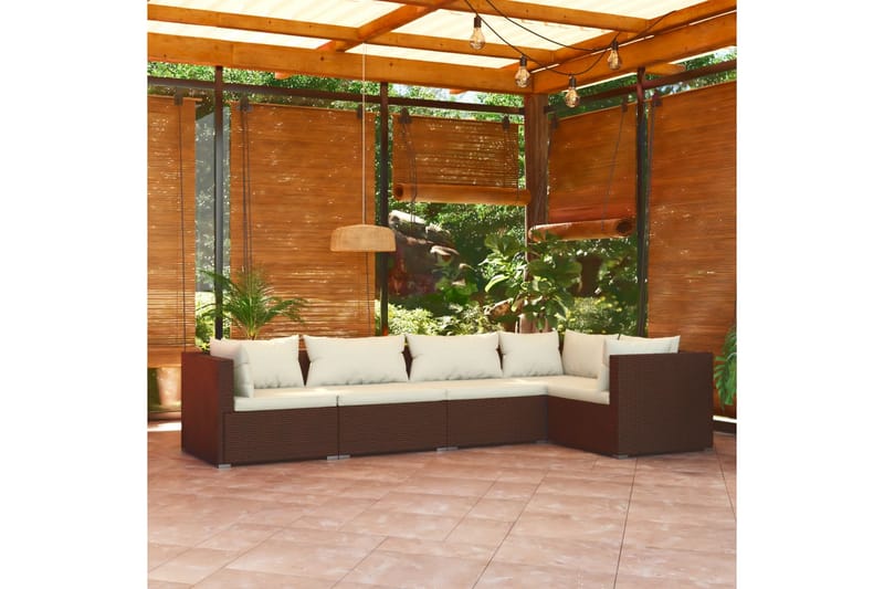 Loungegrupp Utomhus för trädgården med dynor 5 delar konstrotting br - Brun/Vit - Utemöbler - Loungemöbler - Loungegrupp & Loungeset