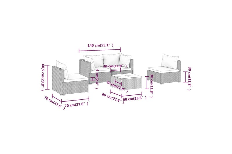 Loungegrupp för trädgården med dynor 5 delar konstrotting br - Brun/Vit - Altanmöbler - Soffgrupp utomhus - Loungegrupp & Loungeset