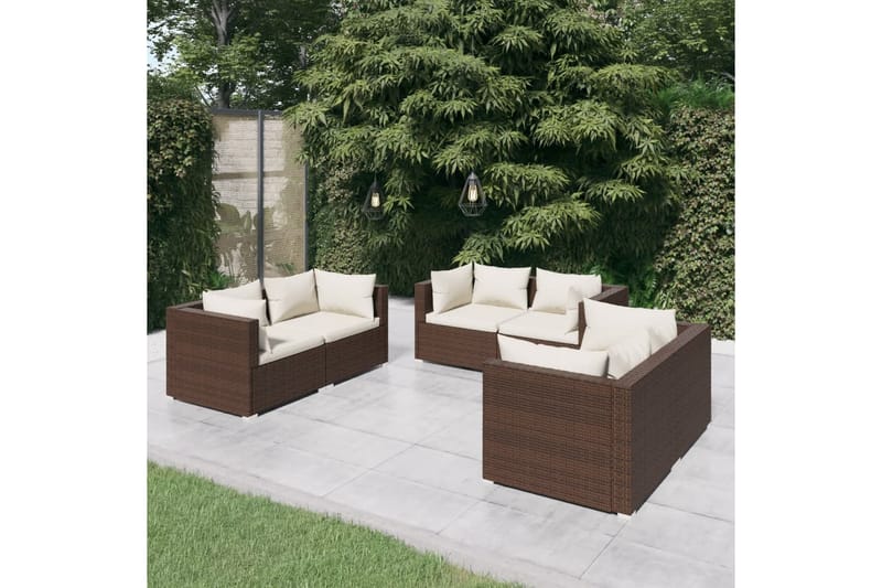 Loungegrupp Utomhus för trädgården med dynor 6 delar konstrotting br - Brun/Vit - Utemöbler - Loungemöbler - Loungegrupp & Loungeset