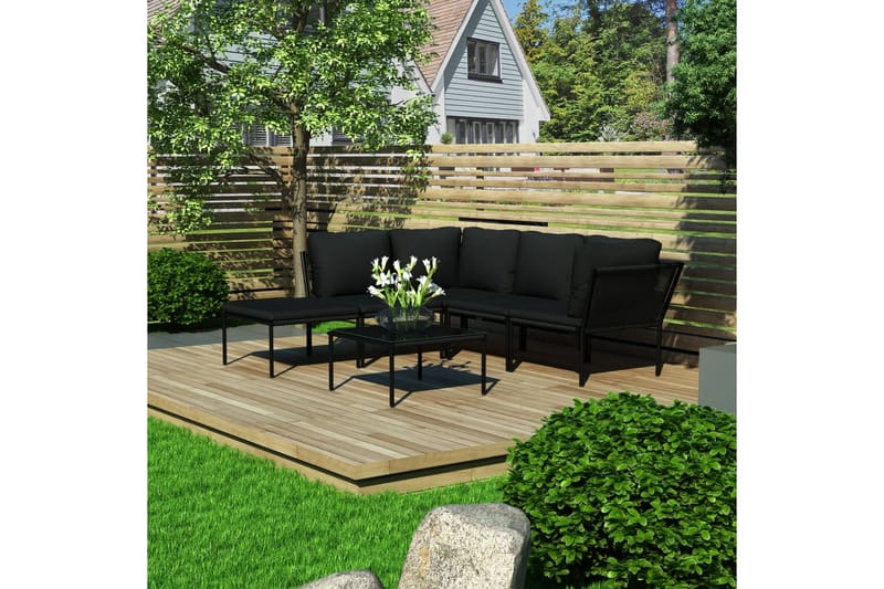 Loungegrupp för trädgården med dynor 6 delar svart PVC - Svart - Altanmöbler - Soffgrupp utomhus - Loungegrupp & Loungeset