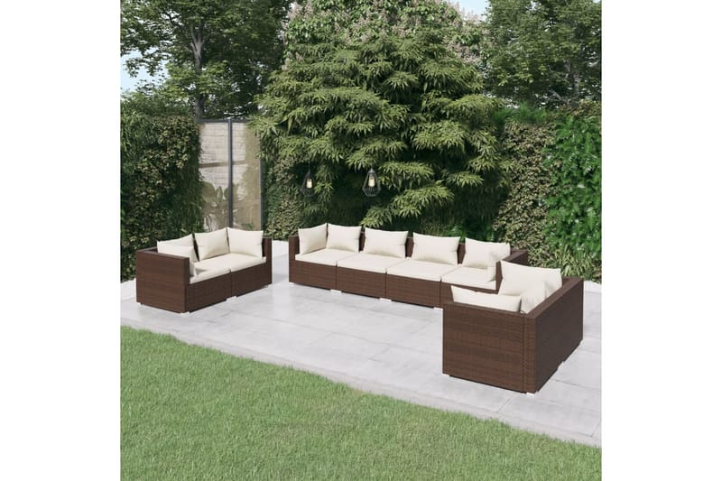 Loungegrupp Utomhus för trädgården med dynor 8 delar konstrotting br - Brun/Vit - Utemöbler - Loungemöbler - Loungegrupp & Loungeset