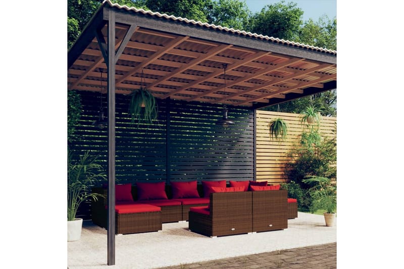 Loungegrupp Utomhus för trädgården med dynor 9 delar brun konstrotti - Brun/Röd - Utemöbler - Loungemöbler - Loungegrupp & Loungeset
