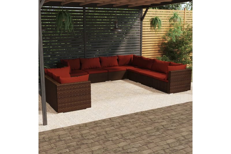 Loungegrupp för trädgården med dynor 9 delar brun konstrotti - Brun/Röd - Soffgrupp utomhus - Loungegrupp & Loungeset - Altanmöbler