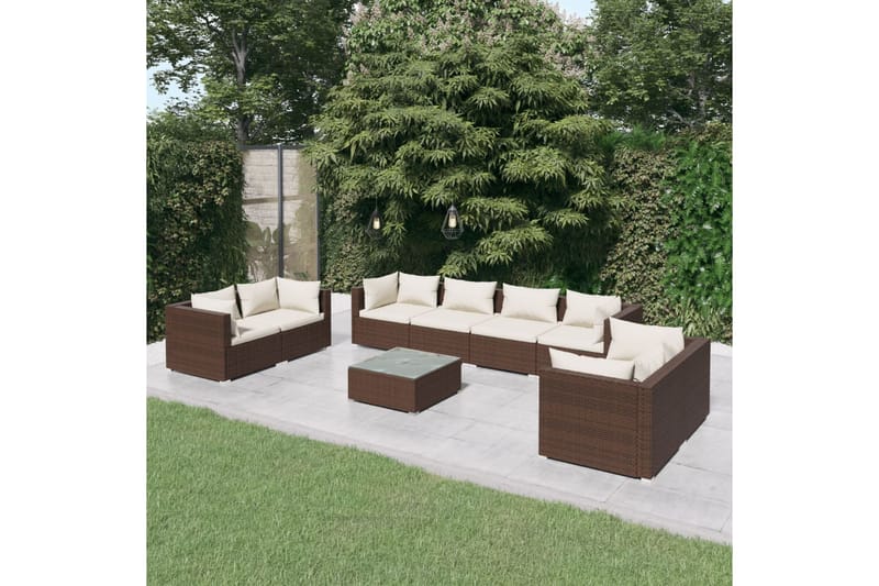 Loungegrupp Utomhus för trädgården med dynor 9 delar konstrotting br - Brun/Vit - Utemöbler - Loungemöbler - Loungegrupp & Loungeset
