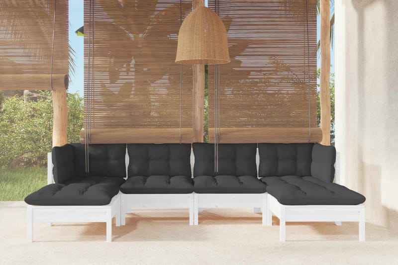 Loungegrupp Utomhus med dynor 6 delar vit massiv furu - Vit/svart - Utemöbler - Loungemöbler - Loungegrupp & Loungeset