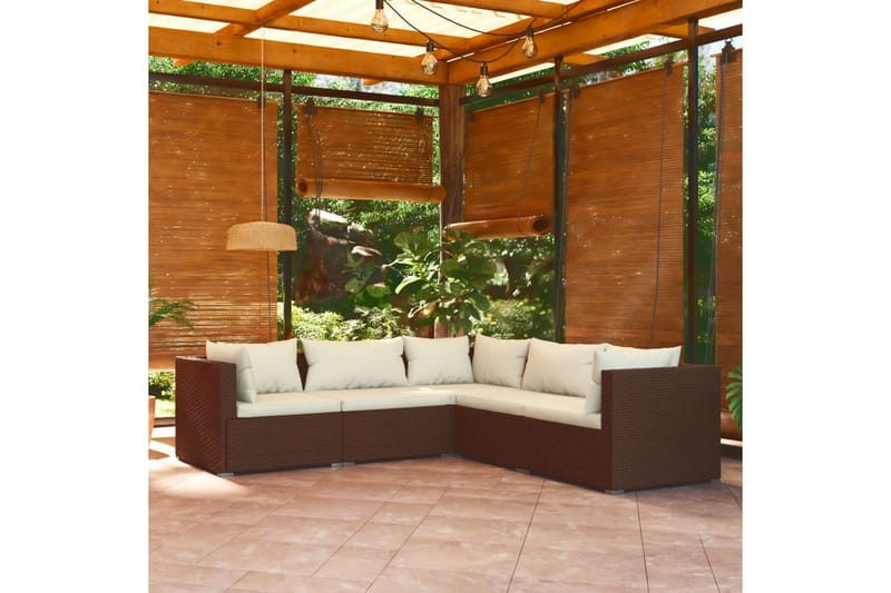 Loungegrupp Utomhus för trädgården med dynor 5 delar konstrotting br - Brun/Vit - Utemöbler - Loungemöbler - Loungegrupp & Loungeset