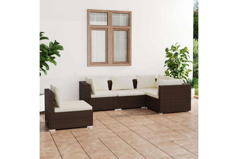 Loungegrupp Utomhus för trädgården med dynor 5 delar konstrotting br - Brun/Vit - Utemöbler - Loungemöbler - Loungegrupp & Loungeset