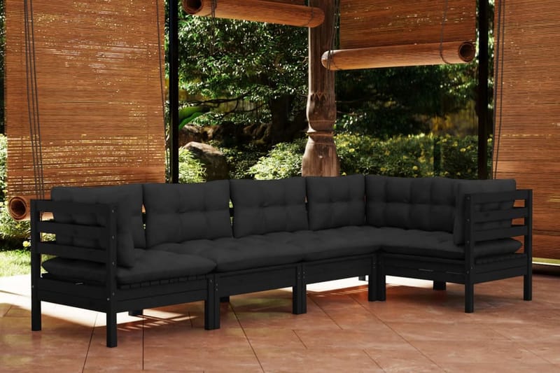 Loungegrupp Utomhus för trädgården med dynor 5 delar svart massiv fu - Svart - Utemöbler - Loungemöbler - Loungegrupp & Loungeset
