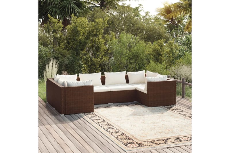 Loungegrupp Utomhus för trädgården med dynor 6 delar konstrotting br - Brun/Vit - Utemöbler - Loungemöbler - Loungegrupp & Loungeset