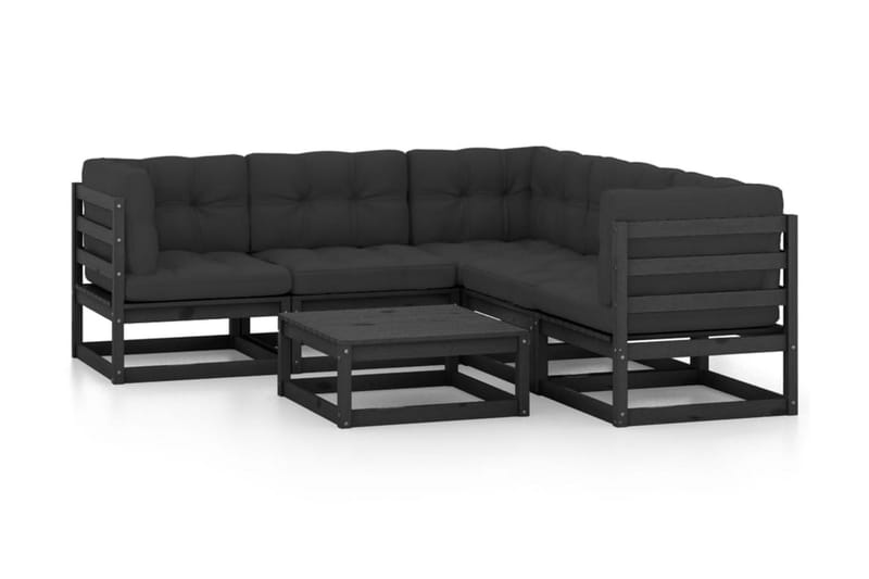 Loungegrupp Utomhus för trädgården med dynor 6 delar massiv furu - Svart - Utemöbler - Loungemöbler - Loungegrupp & Loungeset