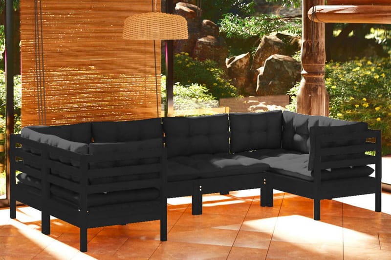 Loungegrupp Utomhus för trädgården med dynor 6 delar svart massiv fu - Svart - Utemöbler - Loungemöbler - Loungegrupp & Loungeset