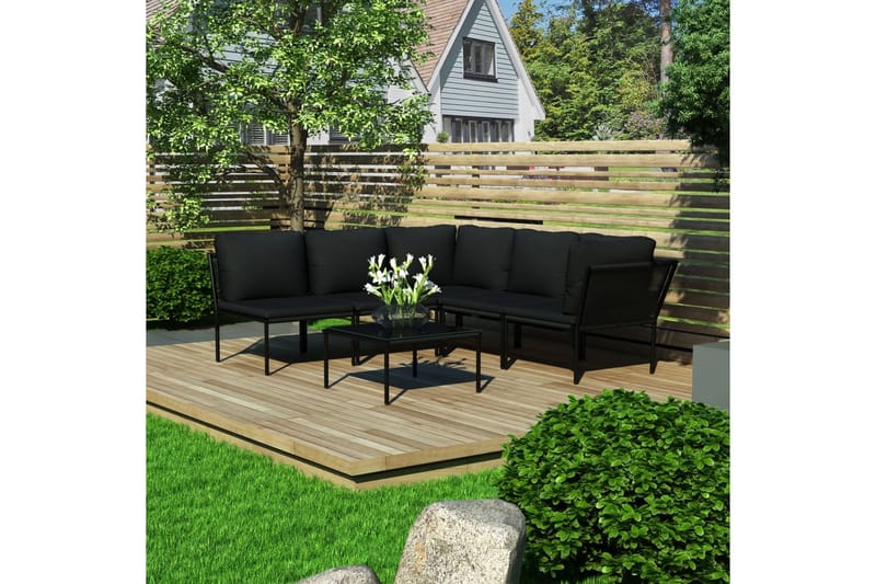 Loungegrupp Utomhus för trädgården med dynor 6 delar svart PVC - Svart - Utemöbler - Loungemöbler - Loungegrupp & Loungeset