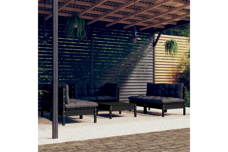 Loungegrupp Utomhus för trädgården med dynor 7 delar massiv furu - Svart - Utemöbler - Loungemöbler - Loungegrupp & Loungeset