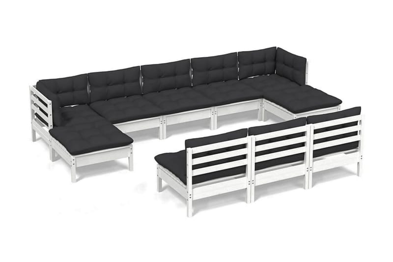 Loungegrupp Utomhus med dynor 10 delar vit massiv furu - Vit/svart - Utemöbler - Loungemöbler - Loungegrupp & Loungeset