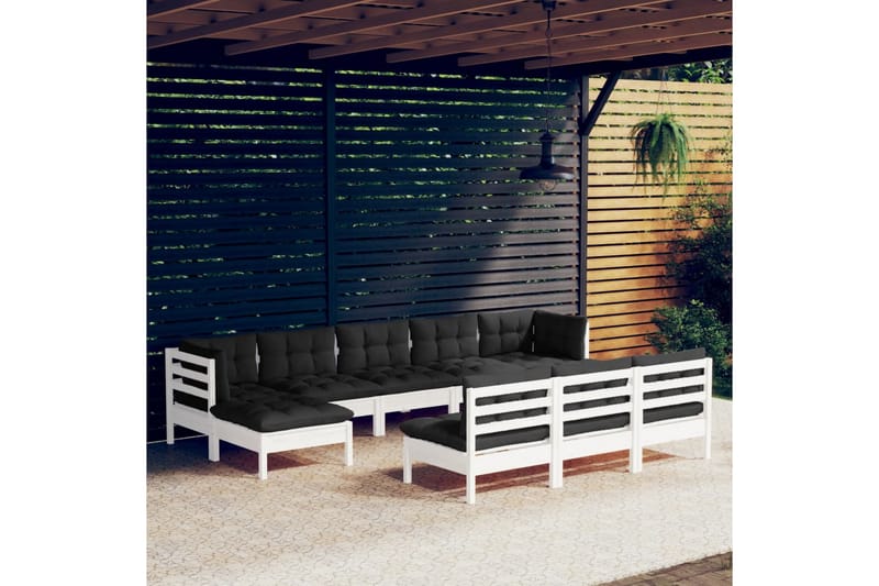 Loungegrupp Utomhus med dynor 10 delar vit massiv furu - Vit/svart - Utemöbler - Loungemöbler - Loungegrupp & Loungeset