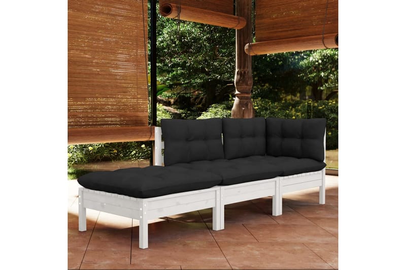 Loungegrupp Utomhus med dynor 3 delar massiv furu - Vit/svart - Utemöbler - Loungemöbler - Loungegrupp & Loungeset