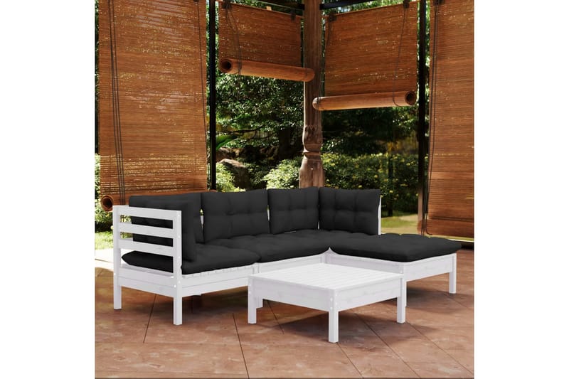Loungegrupp Utomhus med dynor 5 delar vit massiv furu - Vit/svart - Utemöbler - Loungemöbler - Loungegrupp & Loungeset