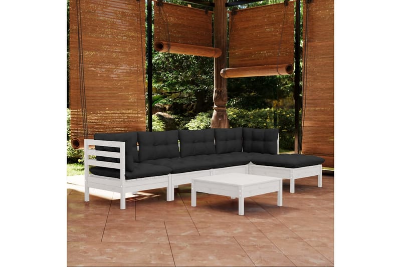 Loungegrupp Utomhus med dynor 6 delar vit massiv furu - Vit/svart - Utemöbler - Loungemöbler - Loungegrupp & Loungeset