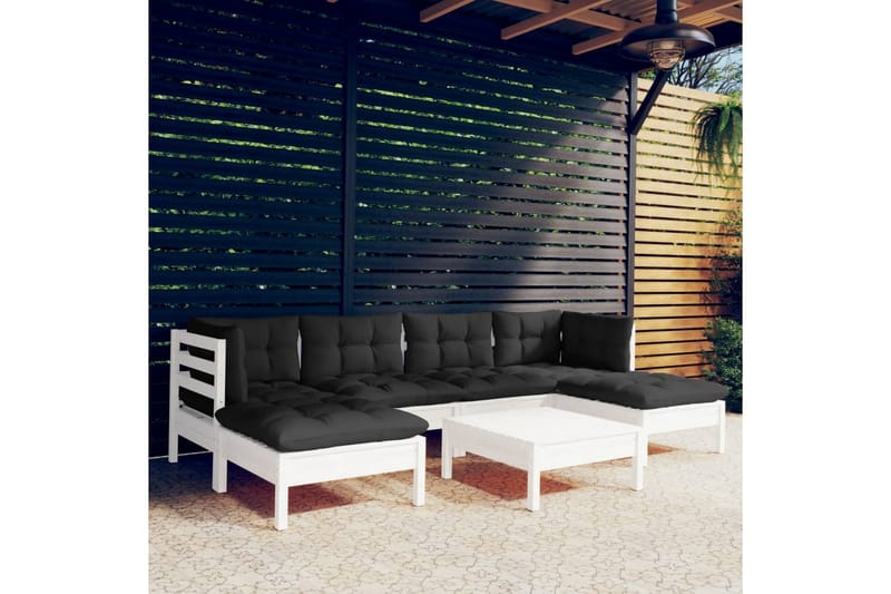 Loungegrupp Utomhus med dynor 7 delar vit massiv furu - Vit/svart - Utemöbler - Loungemöbler - Loungegrupp & Loungeset