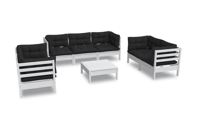 Loungegrupp Utomhus med dynor 8 delar massiv furu - Vit/svart - Utemöbler - Loungemöbler - Loungegrupp & Loungeset