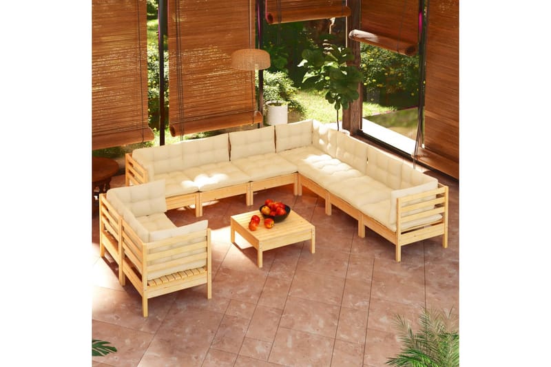 Loungegrupp Utomhus med gräddvita dynor 10 delar massiv furu - Kräm - Utemöbler - Loungemöbler - Loungegrupp & Loungeset