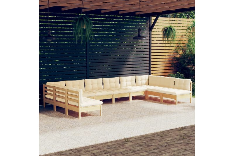 Loungegrupp Utomhus med gräddvita dynor 10 delar massiv furu - Kräm - Utemöbler - Loungemöbler - Loungegrupp & Loungeset