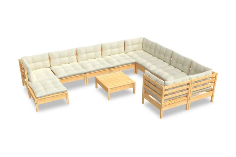 Loungegrupp Utomhus med gräddvita dynor 11 delar massiv furu - Kräm - Utemöbler - Loungemöbler - Loungegrupp & Loungeset