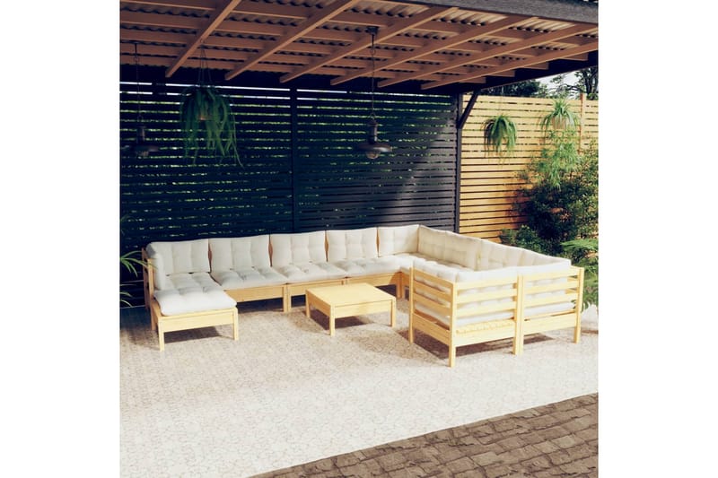 Loungegrupp Utomhus med gräddvita dynor 11 delar massiv furu - Kräm - Utemöbler - Loungemöbler - Loungegrupp & Loungeset
