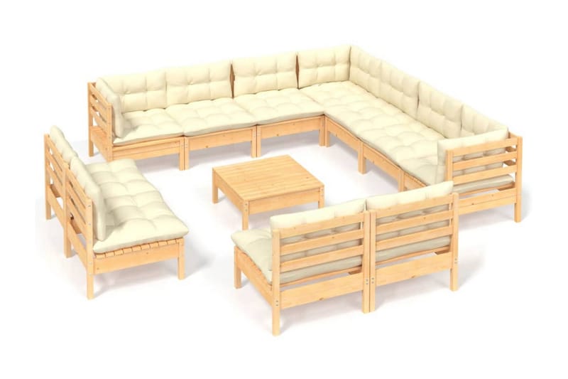 Loungegrupp Utomhus med gräddvita dynor 12 delar massiv furu - Kräm - Utemöbler - Loungemöbler - Loungegrupp & Loungeset