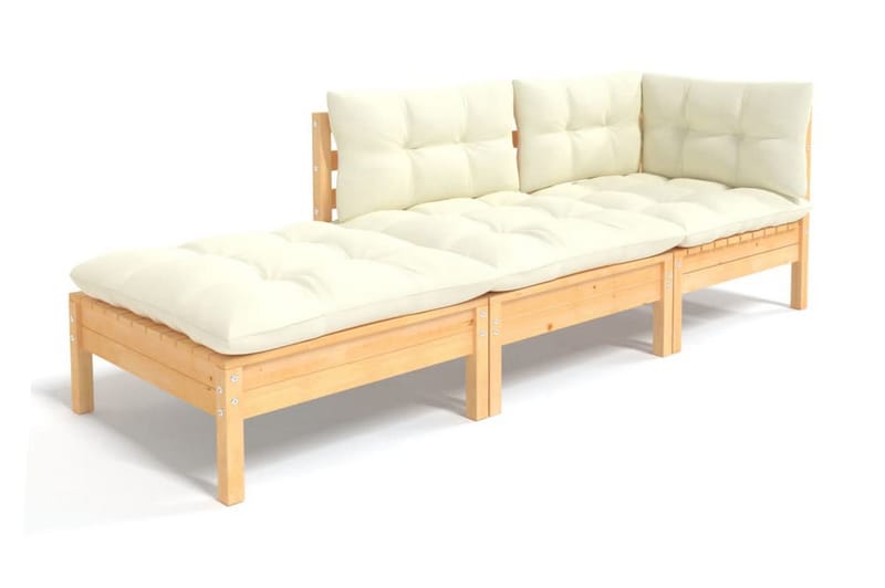 Loungegrupp Utomhus med gräddvita dynor 3 delar massiv furu - Kräm - Utemöbler - Loungemöbler - Loungegrupp & Loungeset