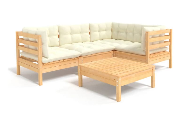 Loungegrupp Utomhus med gräddvita dynor 5 delar massiv furu - Kräm - Utemöbler - Loungemöbler - Loungegrupp & Loungeset