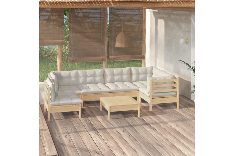 Loungegrupp Utomhus med gräddvita dynor 7 delar massiv furu - Kräm - Utemöbler - Loungemöbler - Loungegrupp & Loungeset