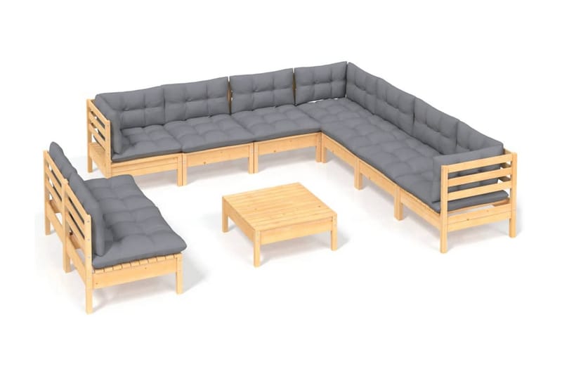 Loungegrupp Utomhus med grå dynor 10 delar massiv furu - Grå - Utemöbler - Loungemöbler - Loungegrupp & Loungeset