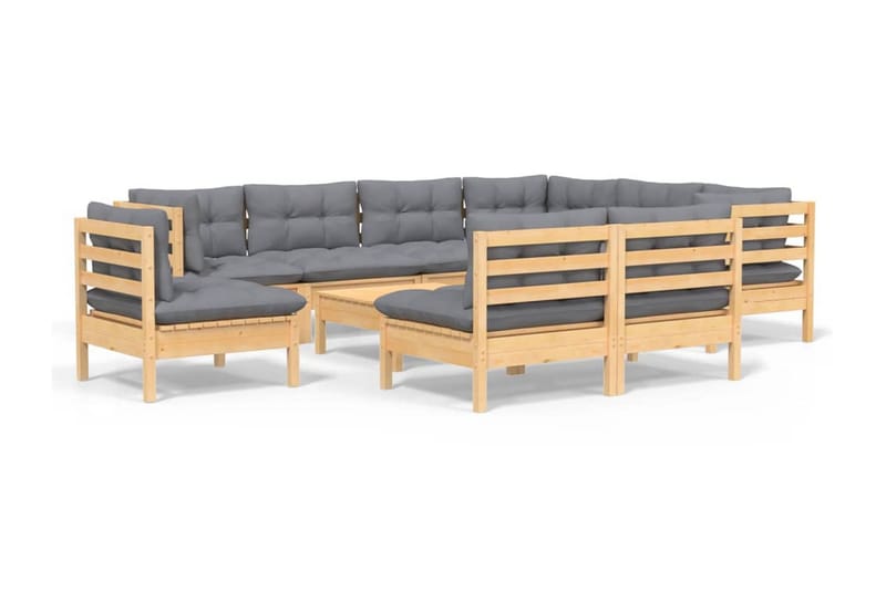 Loungegrupp Utomhus med grå dynor 10 delar massiv furu - Grå - Utemöbler - Loungemöbler - Loungegrupp & Loungeset
