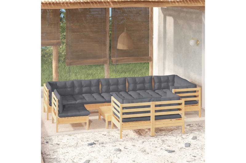 Loungegrupp Utomhus med grå dynor 10 delar massiv furu - Grå - Utemöbler - Loungemöbler - Loungegrupp & Loungeset