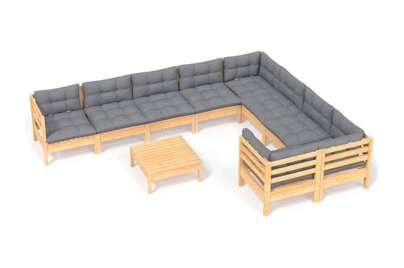 Loungegrupp Utomhus med grå dynor 10 delar massiv furu - Grå - Utemöbler - Loungemöbler - Loungegrupp & Loungeset
