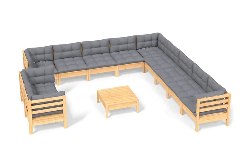 Loungegrupp Utomhus med grå dynor 12 delar massiv furu - Grå - Utemöbler - Loungemöbler - Loungegrupp & Loungeset