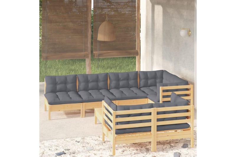 Loungegrupp Utomhus med grå dynor 8 delar massiv furu - Grå - Utemöbler - Loungemöbler - Loungegrupp & Loungeset
