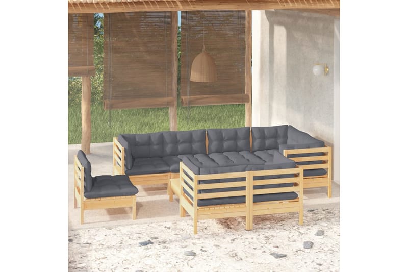 Loungegrupp Utomhus med grå dynor 9 delar massiv furu - Grå - Utemöbler - Loungemöbler - Loungegrupp & Loungeset