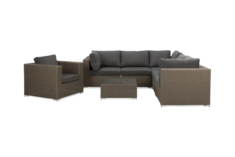 Marcus Loungegrupp Utomhus - 5-sits Loungeset i Konstrotting för Uteplats och Trädgård, Brun / Gråa dynor