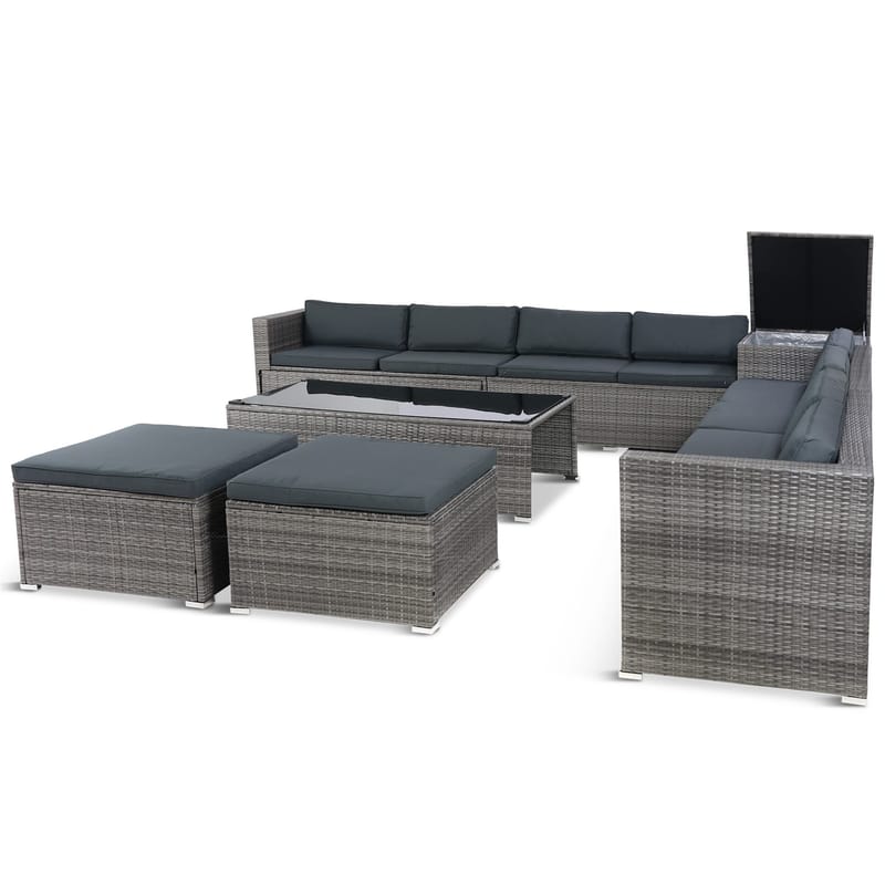 Stor loungegrupp | Tre smarta förvaringsutrymmen | Grå konstrotting - Utemöbler - Loungemöbler - Loungegrupp & Loungeset